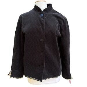 Hearts of Palm Black Quilted Velvet Asian Button Up Jacket High Collar 12 - READ